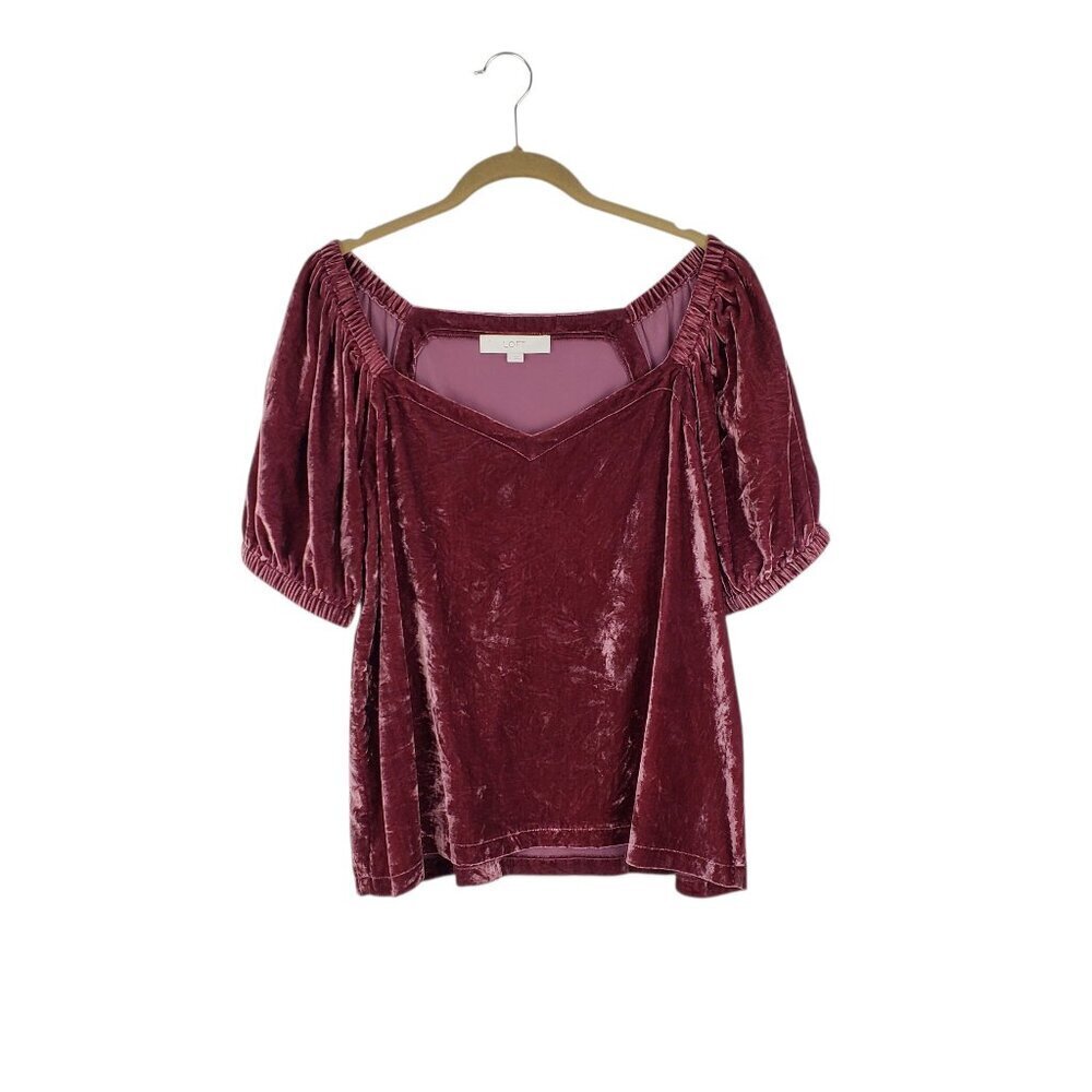 Loft Velvet Puff Sleeve Sweetheart Neck Top Dark Pink Womens Size Large